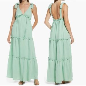 BTFL life size M maxi dress tiered tie shoulder mint green cotton gauze NEW